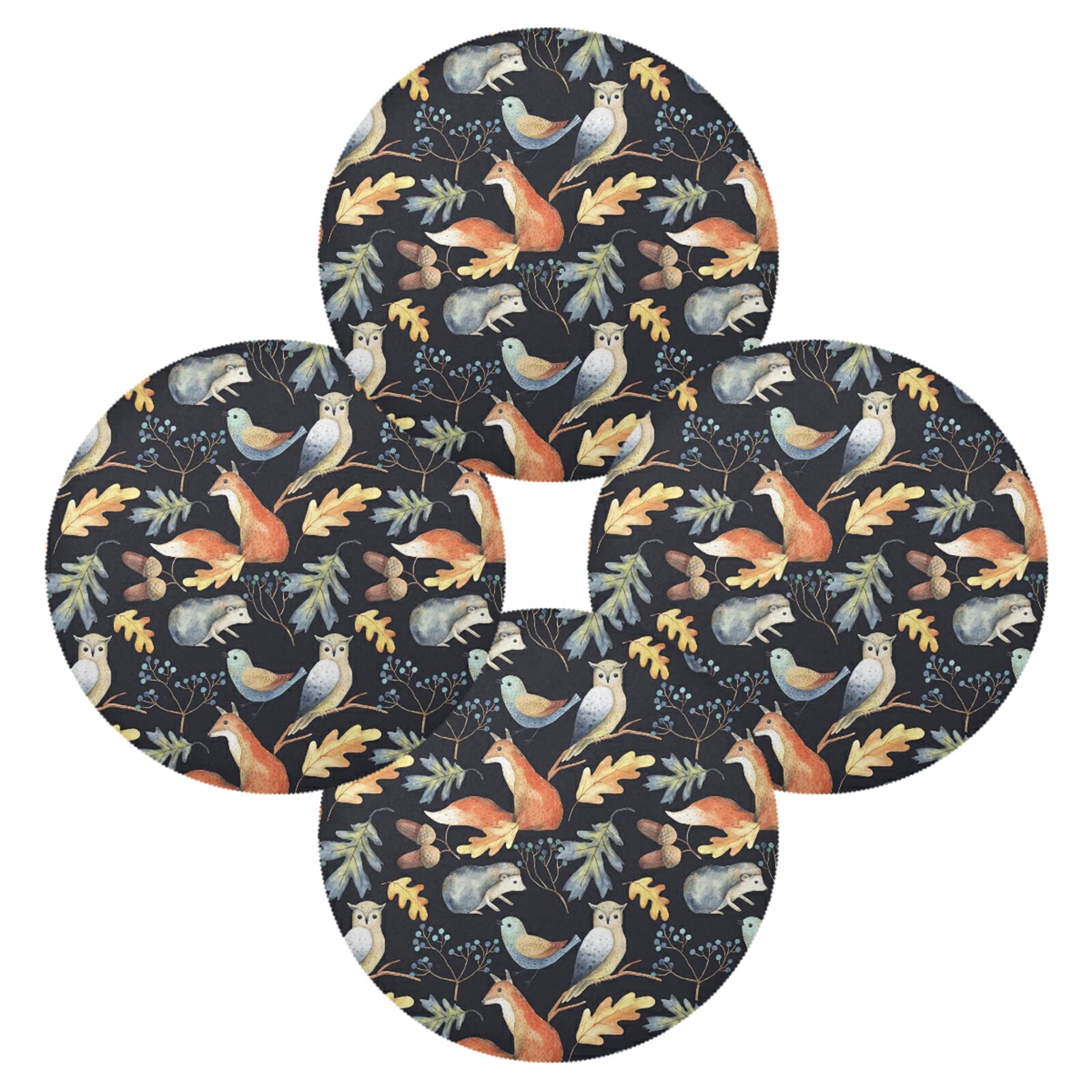 Autumn Leaves, Berries, Acorns, Mushrooms, Owl, Bird, Fox, Hedgehog Set of 4 Table Placemat, Non-Slip Place Mats Protector Washable Plate Mat Holder, 15.4 Inches Round Desk Pad for Kitchen Dining