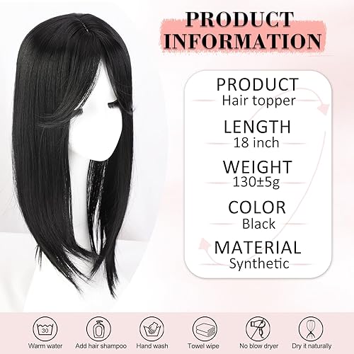 Miniatura 4 de QGZ Toppers para el cabello para mujer con cabello fino, 18 pulgadas, negro, sintético, largo, ondulado, grande, cubierta de base con flequillo