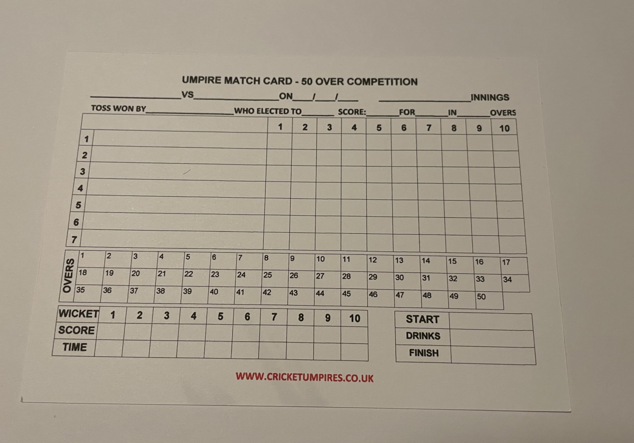 Cricket Umpire Match Cards 50 Overs Per Innings 10 Overs Per Bowler