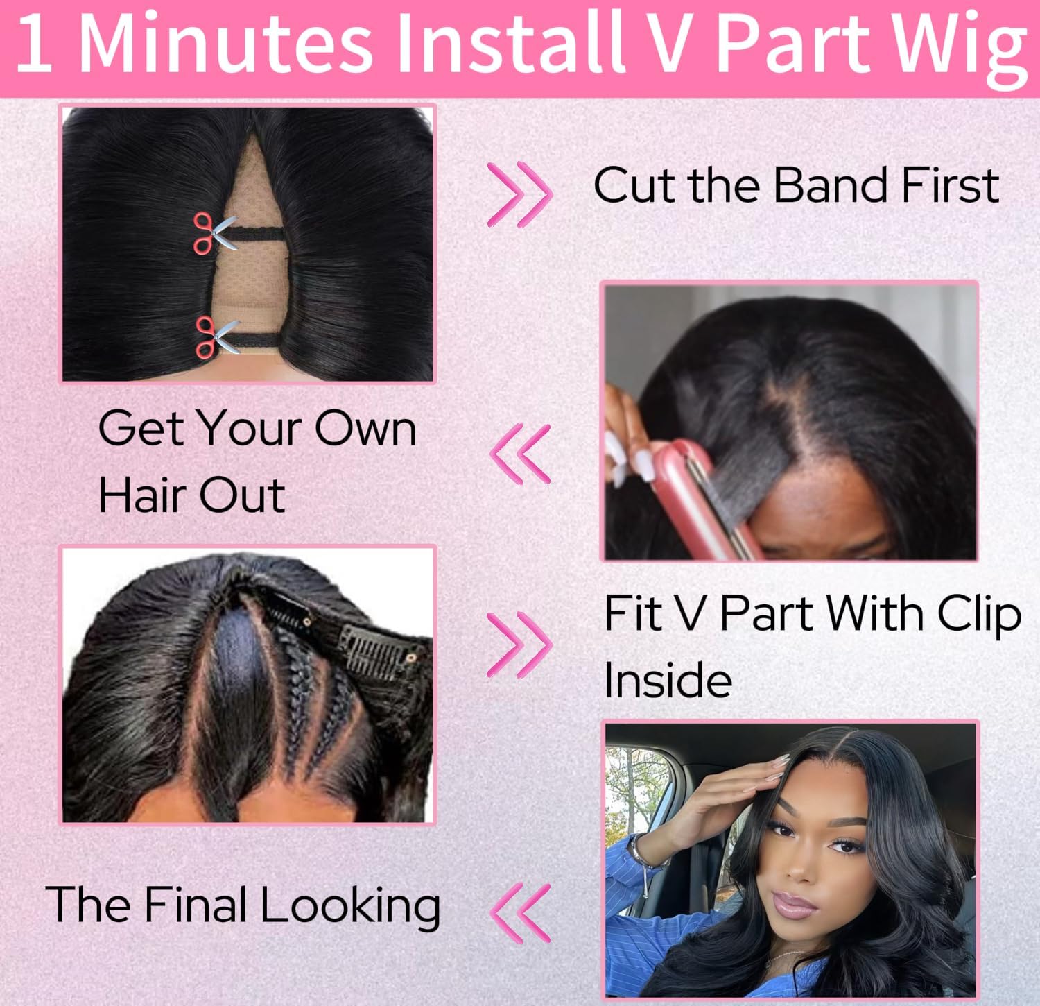 V Part Wig Human Hair Body Wave Perruque pour femme Cheveux naturels sans colle 180% Density Full Head Clip Upgrade Non Lace Front Perruques cheveux humains 16inch