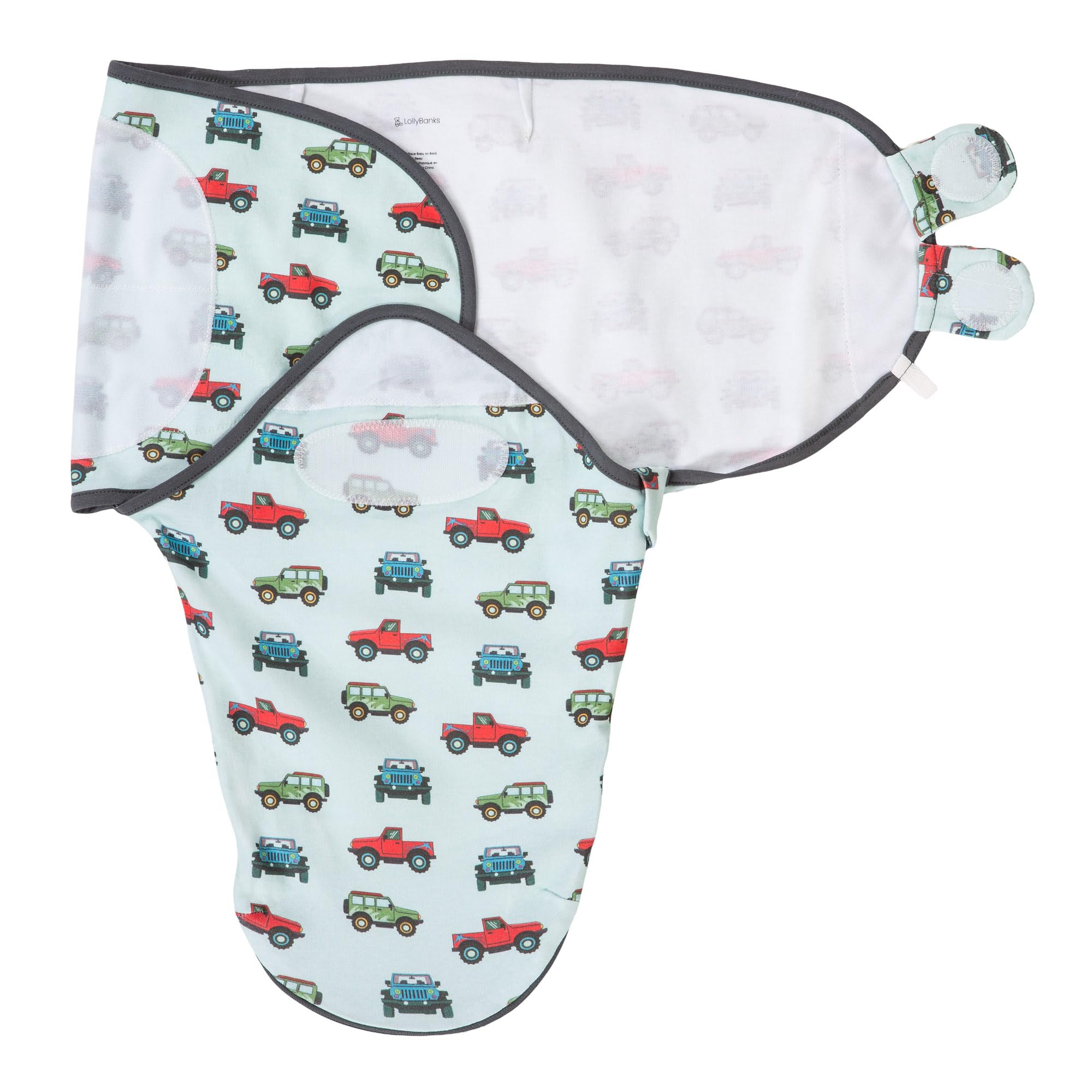 LollyBanks Swaddle Sack 0-3 Months, 100% Organic Cotton Baby Swaddle with Easy Change Zipper, Soft and Breathable Newborn Sleep Sack for Boys, Gentle Baby Wrap, Newborn Essentials (Vehicle Print)