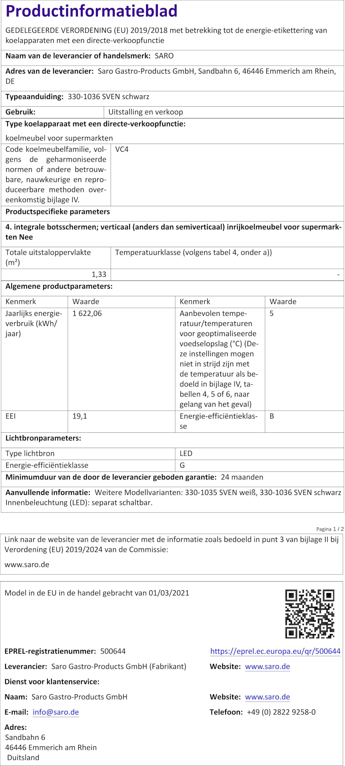 SARO SVEN - Vetrina refrigerante da 235 l, raffreddamento a ricircolo, controllo digitale della temperatura 0/+12 °C, illuminazione a LED, 4 griglie regolabili, sbrinamento automatico, plastica nera