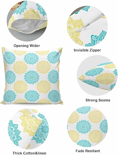 Miniatura 5 de Paquete de 2 fundas de almohada decorativas de algodón, mandala, turquesa, amarillo, flores de dalia, 20 x 20 pulgadas, cuadradas, reversibles,