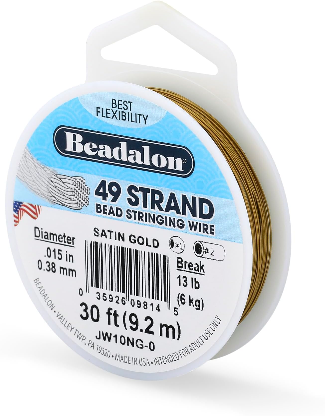 Beadalon 49 Strand Stainless Steel Bead Stringing Wire, .015 in / 0.38 mm, Satin Gold, 30 ft / 9.2 m