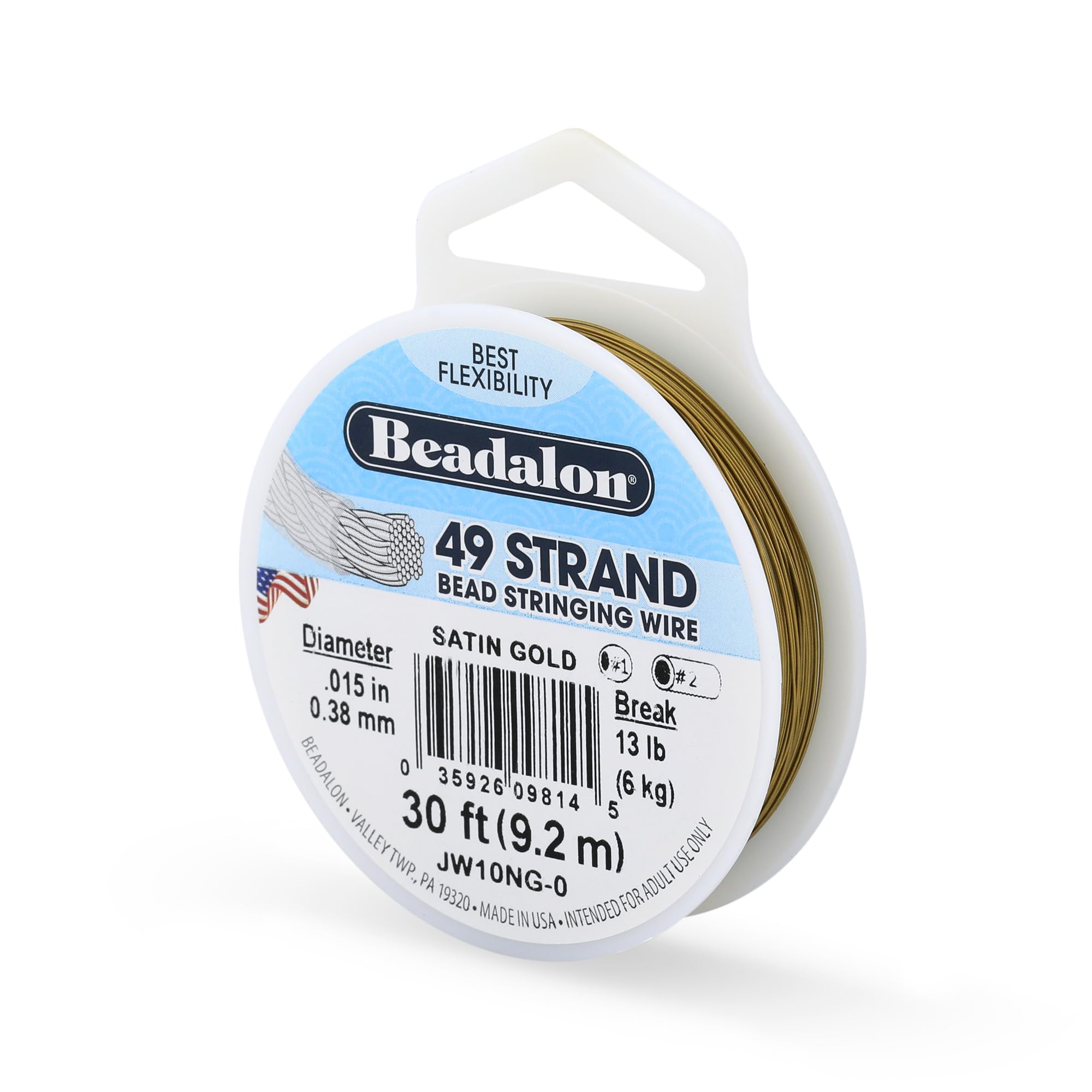 Beadalon 0.38 mm Diameter 9.2 m Reel 49 Strand Wire, Satin Gold