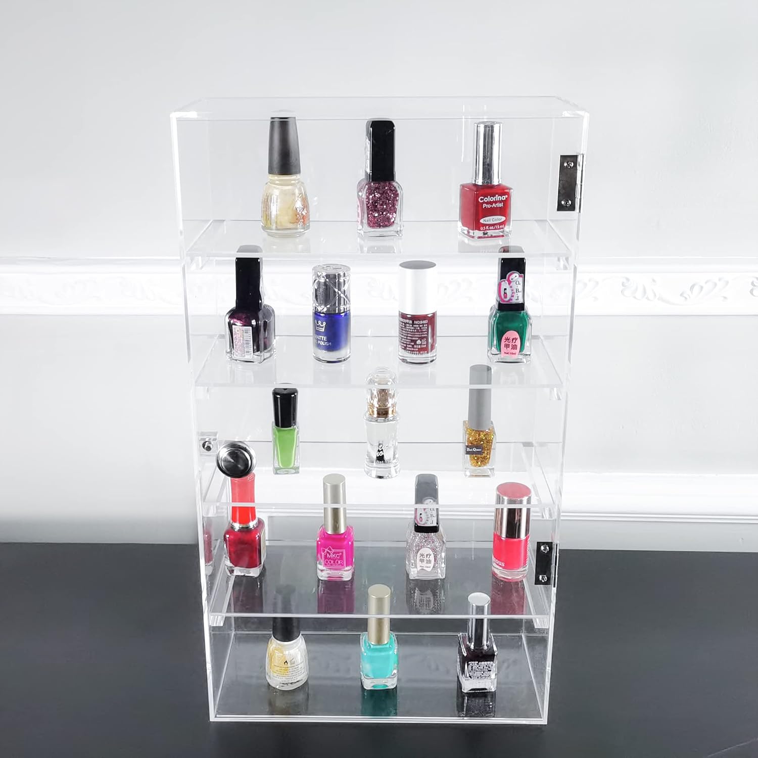 FixtureDisplays Clear Acrylic 5 Tiers Display Rack Case Organizer Storage,Shot Glass Display Case,Removable Shelves for Home Decor,Trade Show&Store,10.3" Wx 4.3" DX18 H,3.5" Shelf Adjustable 452-NPF