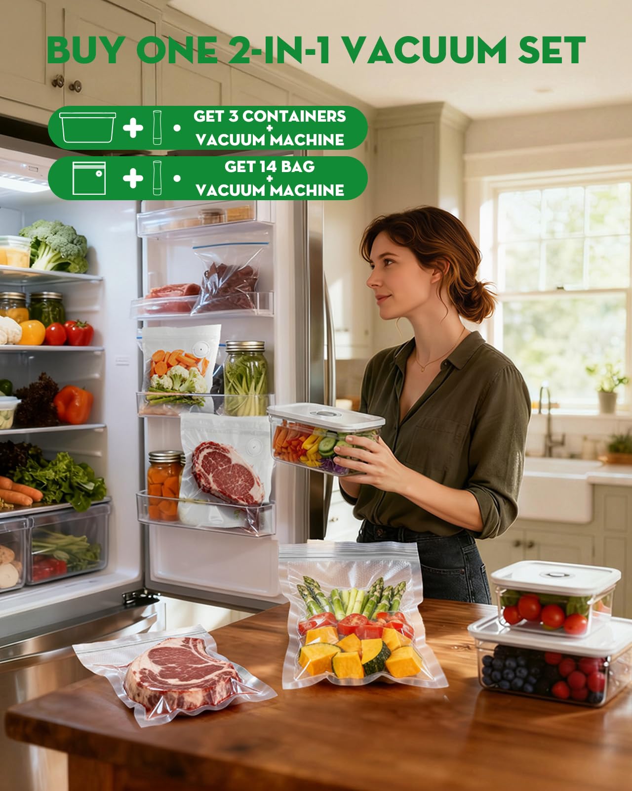 Kompaktes Vakuumiergerät für Lebensmittel (Vakuumiermaschine + 3 Vakuumbehälter + 14 wiederverwendbare Vakuumbeutel), leistungsstarke Handstaubsaugermaschine, Versiegelung von Mahlzeiten