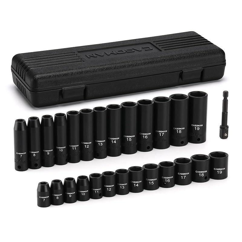 Jogo de Soquetes de Impacto CASOMAN com 27 Peças, Encaixe de 9,5 mm (3/8"), Profundos e Curtos, Métrico de 7 a 19 mm, 6 Pontas, Aço CR-V CS489