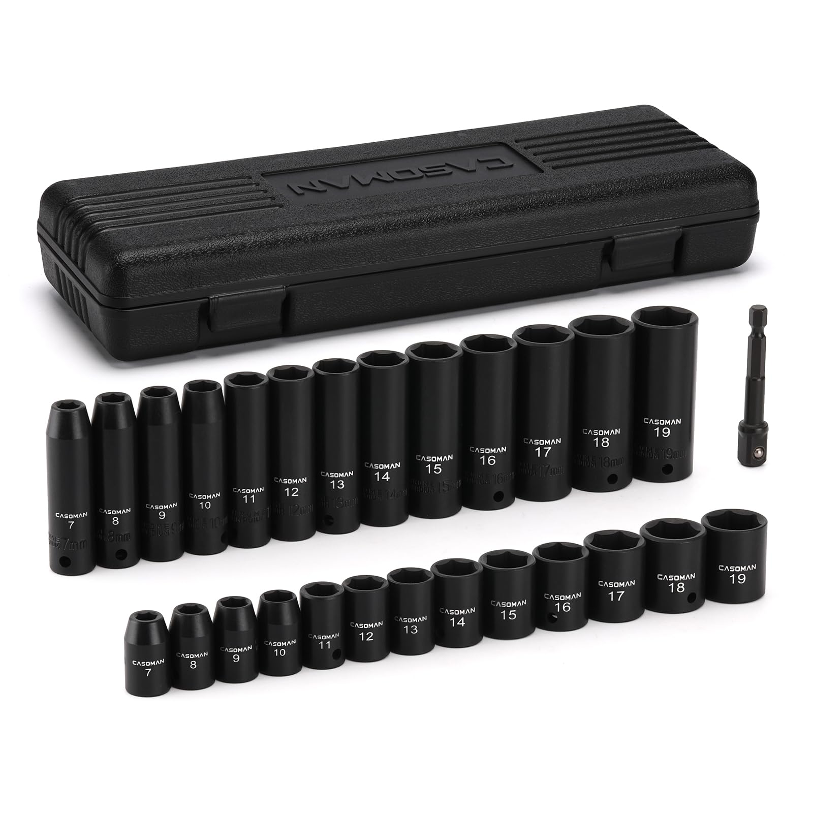 CASOMAN 27 Pieces 3/8-Inch Drive Impact Socket Set, Deep & Shallow, Metric (7mm - 19mm), 6 Point, CR-V Steel