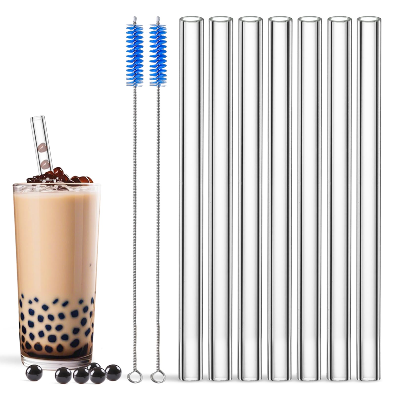 Borosilicate Glass Boba Straws Reusable, long 10 Inch 14mm Extra Wide Glass Straws Shatter Resistant Clear Jumbo for Drinking Bubble Tea, Milkshakes and Smoothies, BPA Free & Eco Friendly