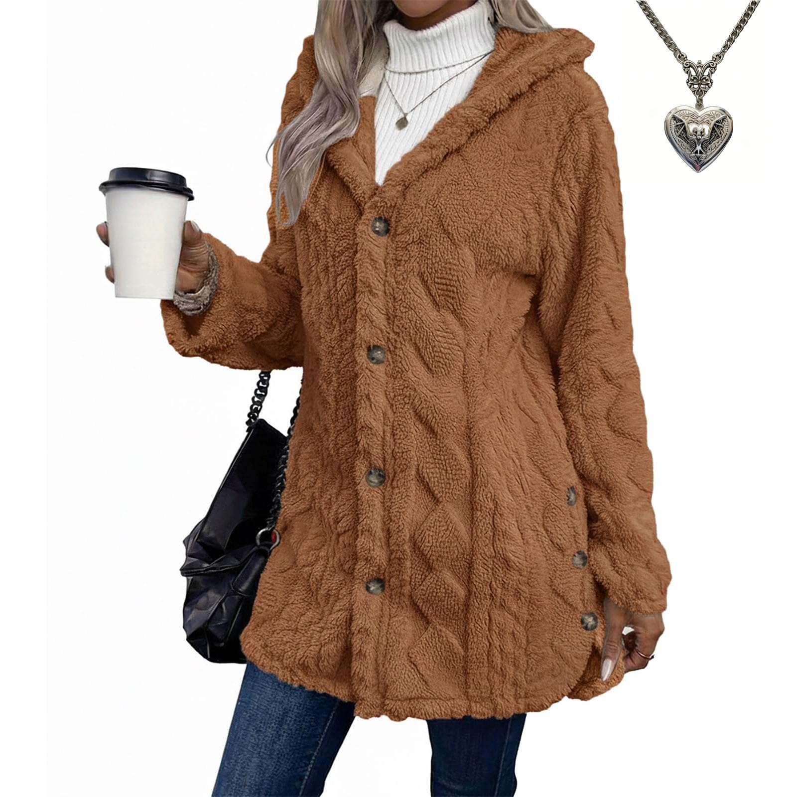 Womens Fall Winter Jacquard Hooded Cardigan Long Sleeve Button Down Coat with Pockets