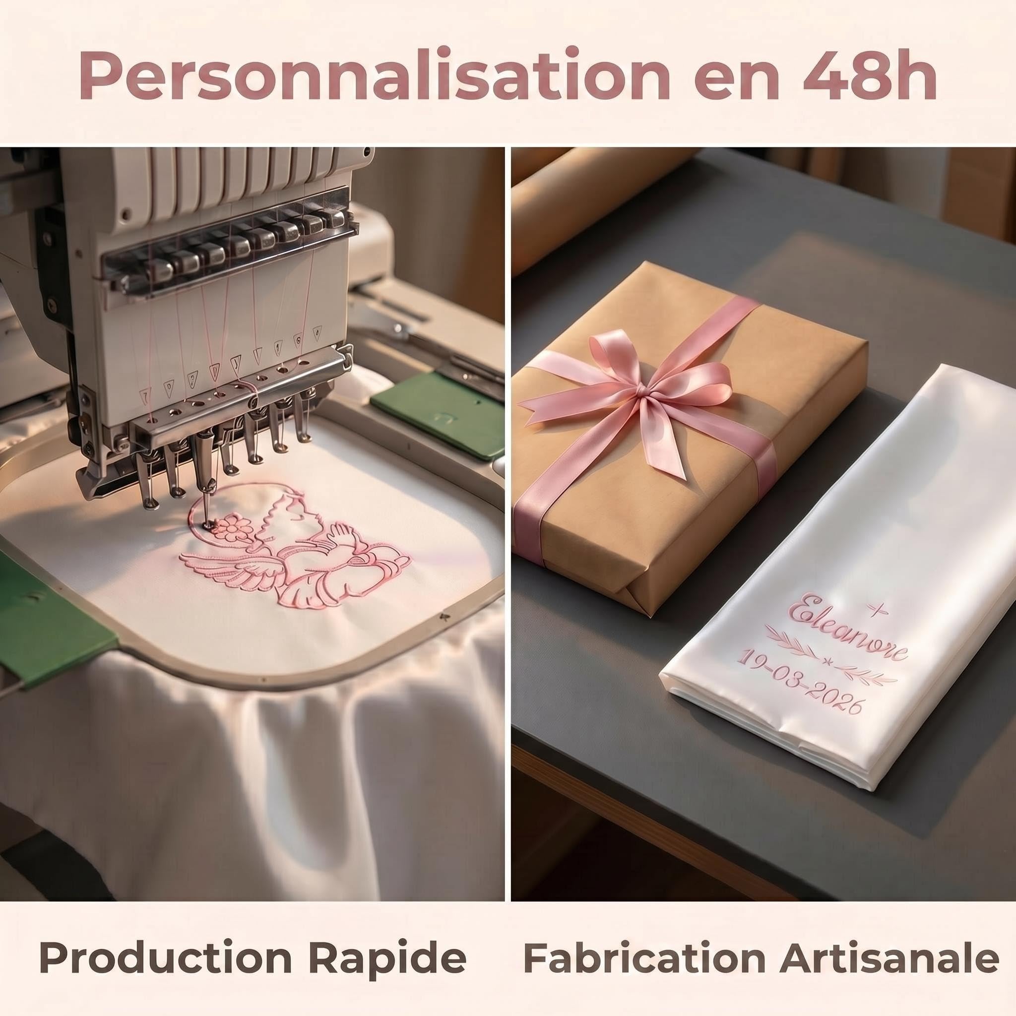 XIAOMA Écharpe de Baptême Personnalisée Enfant, Écharpe Communion Brodée Prénom et Date, Écharpe Blanche Satin Ange ou Croix, Cadeau Baptême Fille Garçon avec Coffret Cadeau, Personnalisation 48h