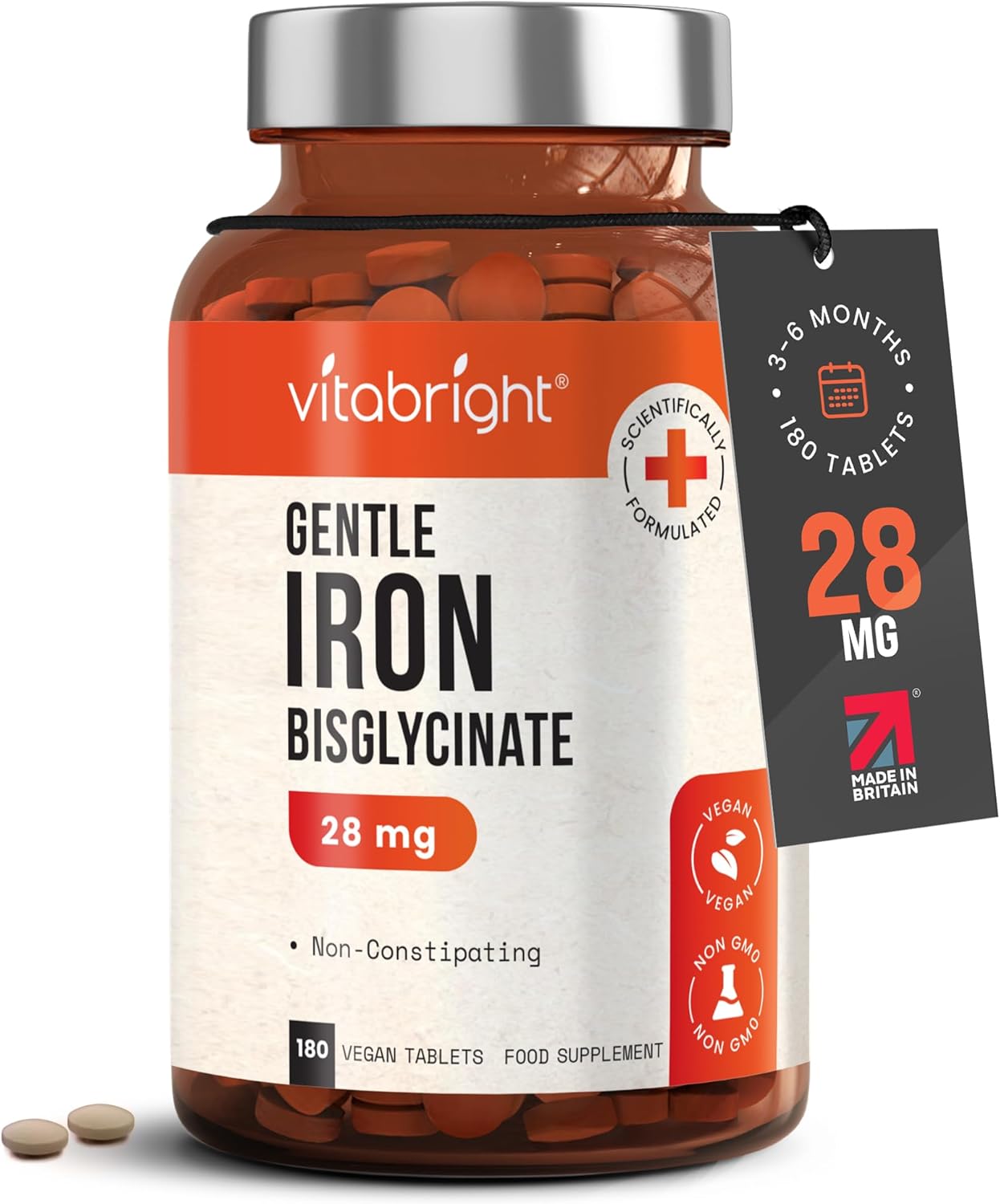 Iron Supplements for Women & Men | 28mg | 180 Gentle Iron Tablets | High Strength Ferrous Bisglycinate | Non Constipating | Supplements for Tiredness and Fatigue | VitaBright