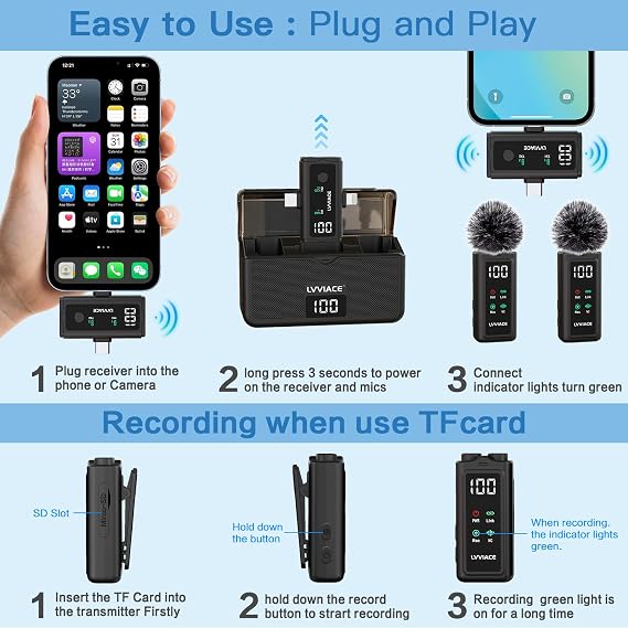 3 in 1 Wireless Microphone for iPhone, Android, Camera,Wireless Lavalier Microphone, Noise Cancellation with 45 Hours Transmitter Digital Display Charging Case for Video Recording, Streaming