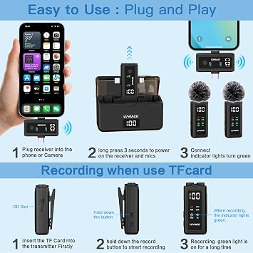 3 in 1 Wireless Microphone for iPhone, Android, Camera,Wireless Lavalier Microphone, Noise Cancellation with 45 Hours Transmitter Digital Display Charging Case for Video Recording, Streaming