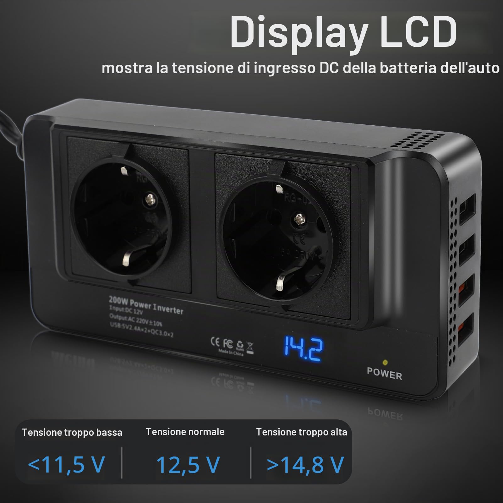 200w Inverter 12v 220v Convertitore di Alimentazione per Auto con 4 Porte