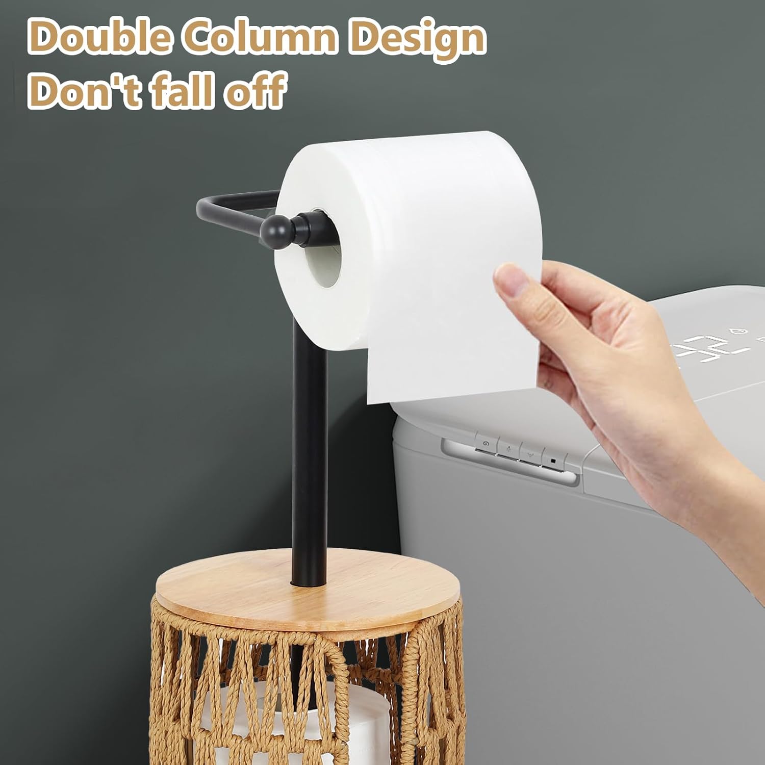 Freestanding Toilet Paper Holder with Storage,3 Rolls of Boho Toilet Paper Holder Stand with Lid,Gold Toilet Tissue Holder Stand Rattan Paper Storage Wicker Toilet Roll Holder Basket