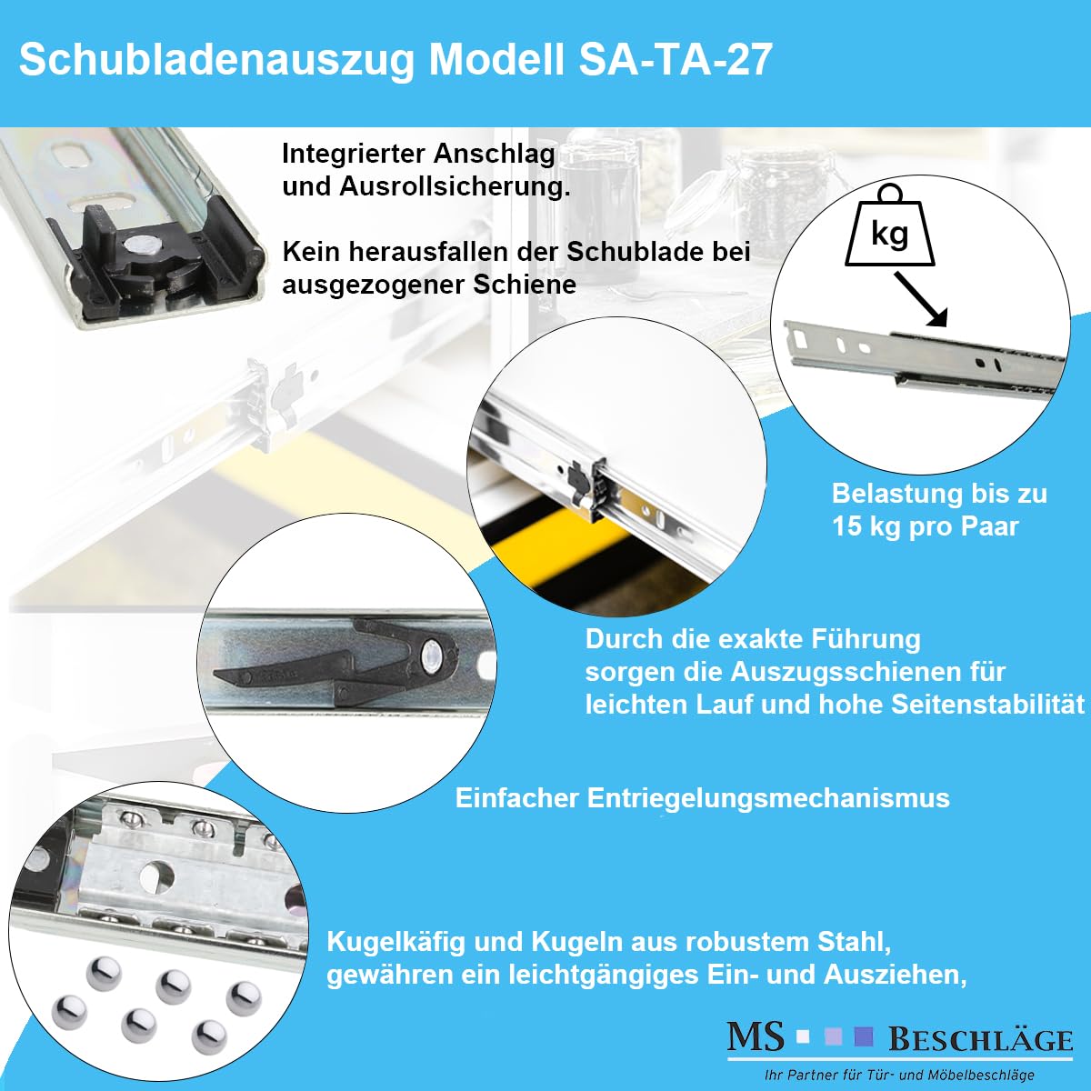 MS Beschläge Drawer Runners 27 mm Height, Ball Guide for Smooth Running, Telescopic Rail Made of Galvanised Steel - Image 3