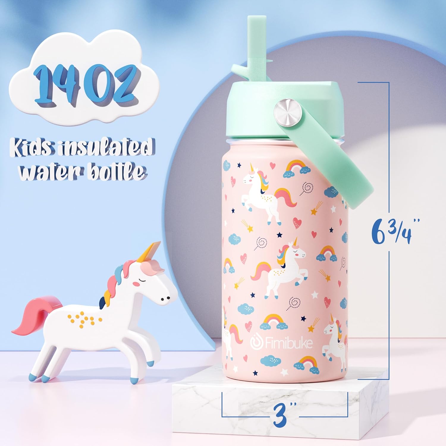 Fimibuke Kids Insulated Water Bottle, 14oz BPA FREE Double Wall Vacuum Tumbler 18/8 Stainless Steel Leak Proof Kids Cups with Straw Metal Bottle for School Boy Girl (2 Pack, UNICORN/WHITE DINOSAUR) - Image 2