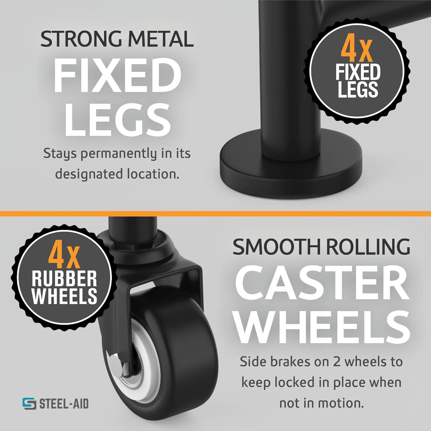 STEELAID Rolling Tire Rack – Metal, Adjustable, Tire Stand & Protective Cover, Included 4 Adjustable non rolling Legs [Updated 48'' L With 4 Wheels included]