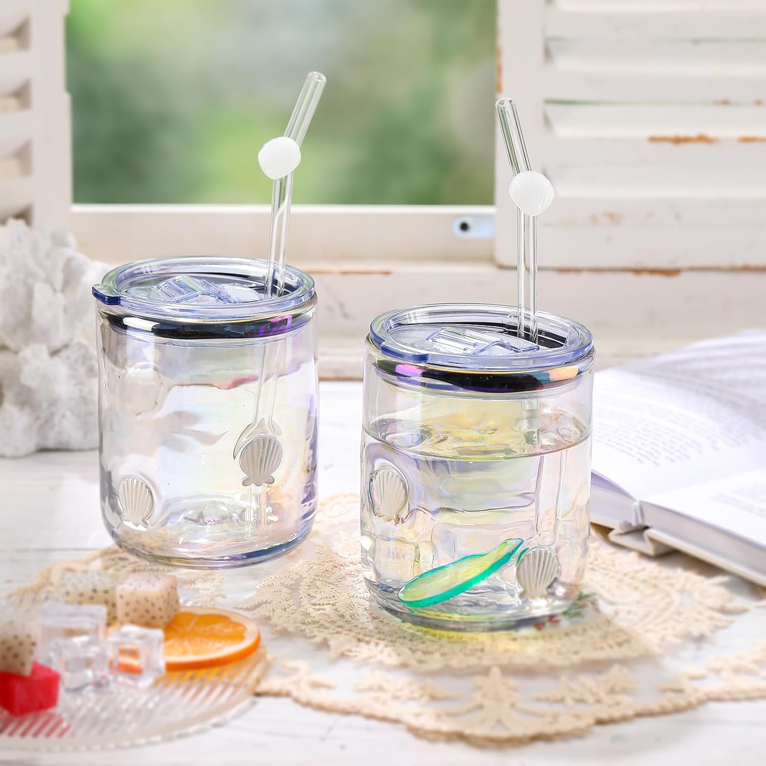 Icon Juice Glasses, 14oz Stemless Wine Drinking Juice Glass Cup for Valentine Party Supplies Gift(2 Pcs,Shell White) - Image 5