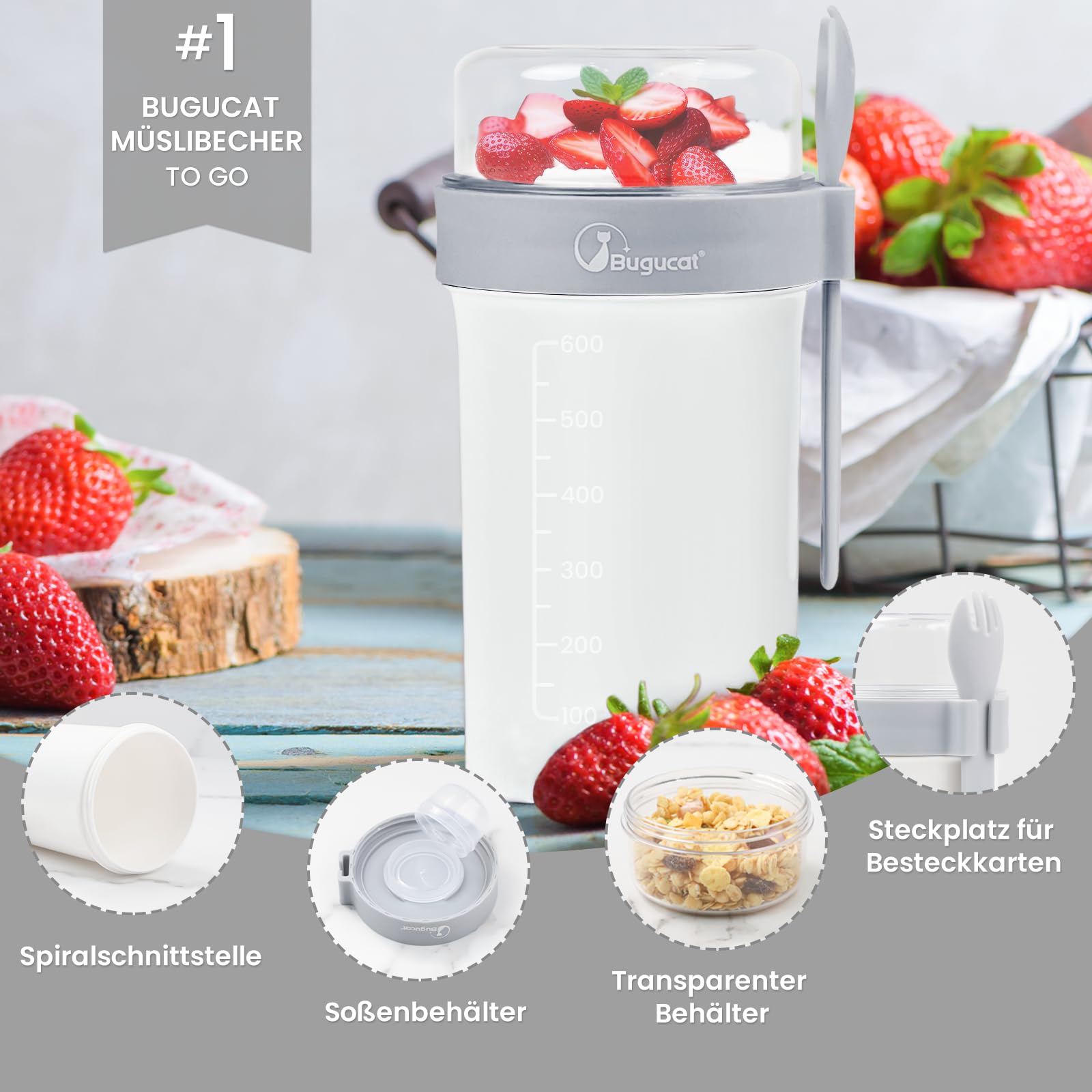 Bugucat Słoiki na owies 760+230 ml, pojemnik na owies z pokrywką i łyżką, szczelny kubek na jogurt, pojemnik do przechowywania sałatek ze znacznikami pomiarowymi