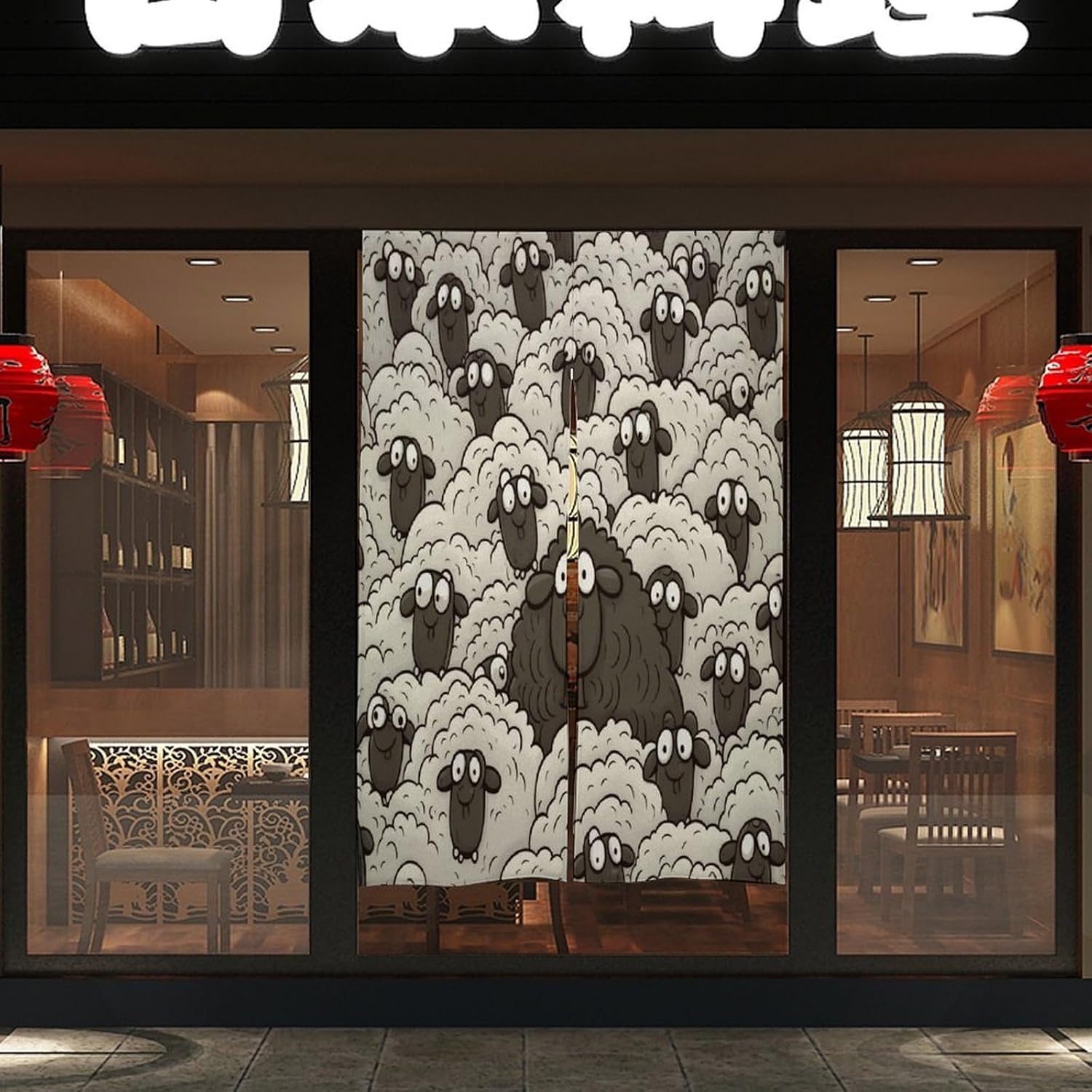 Cartoon Black White Sheep Door Curtain Cold Blocking Vertical Window Curtains Splice White Hemp Soft Drapes with 2 Panels Thermal Insulating Window Drape for Bedroom Living Room