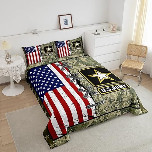 Miniatura 3 de Juego de edredón de bandera estadounidense tamaño Queen para adultos y niños, edredón de plumón de camuflaje verde militar para niños y hombres,