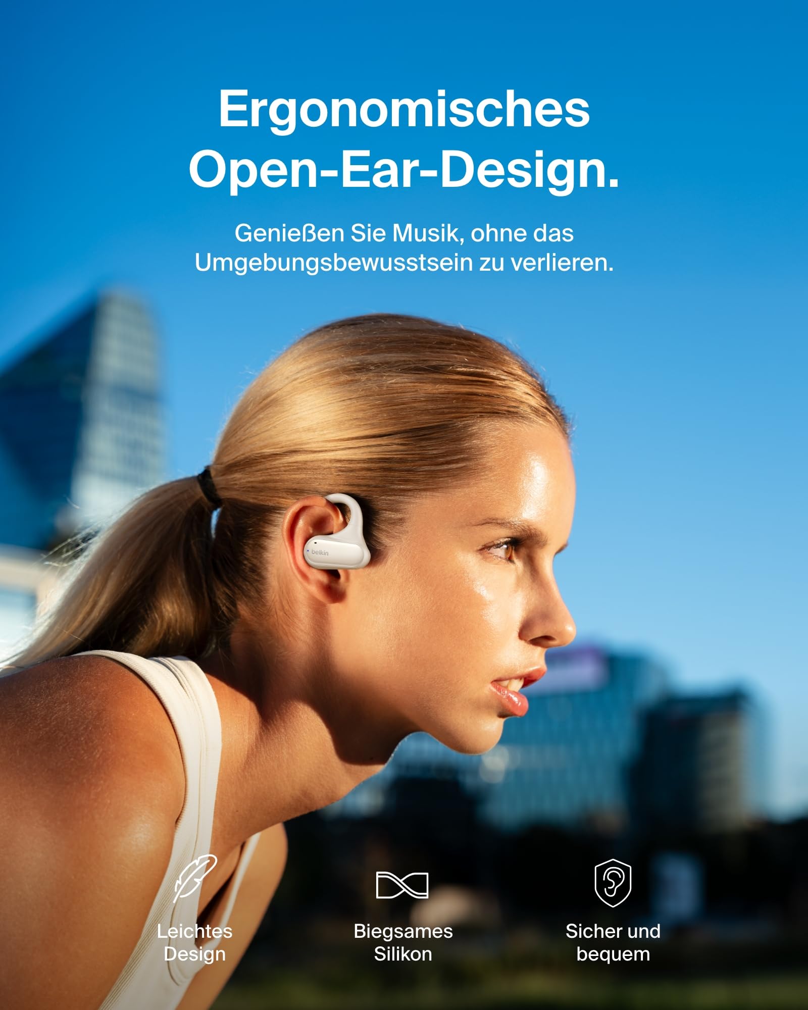 Belkin SoundForm ClearFit kabelloser Open-Ear Kopfhörer, leichter, bequemer Sportkopfhörer, Kopfhörer kabellos Bluetooth und wasserfest nach Schutzart IPX5, zum Wandern, Radfahren, Joggen – Sandfarben