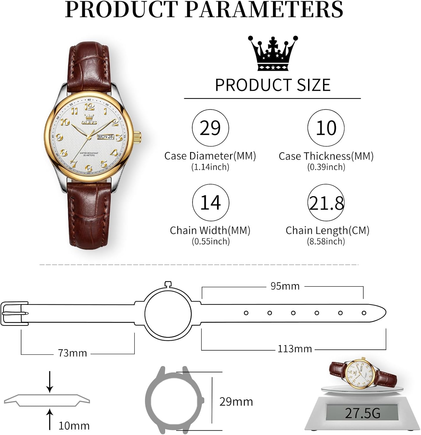 OLEVS Women's Watch Leather Band, Elegant Ladies Causal Watches with Date Day, Classic Professional Wristwatch for Small Wrists,Ideal Gift for Mother's Day Birthday