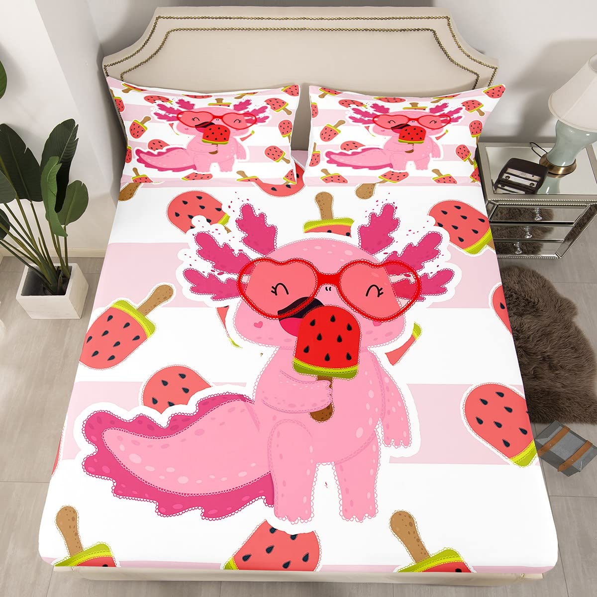 Loussiesd Cute Axolotl Bed Sheet Set Cartoon Watermelon Salamander Bedding Sheets Kawaii Ocean Sealife Bedding Fitted Sheet Gift for Girls Women Bed Sheet Set Single Size