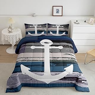 Anchor Rustic Wooden Design Bedding Set Nautical Themed Comforter Set for Kids Boys Girls Children Farmhouse Decor Comforter Ultra Soft Decor Ocean Duvet Set Queen