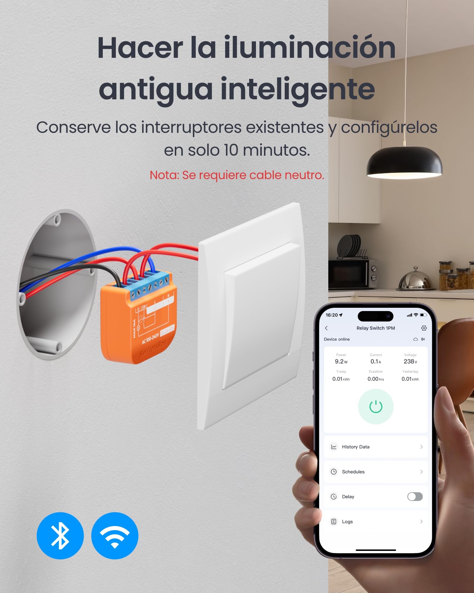 SwitchBot Interruptor de relé mate de 1 PM, interruptor WiFi compatible con Alexa/Apple Home/Google Home, módulo de interruptor de relé de medición de energía con repetidor Bluetooth integrado