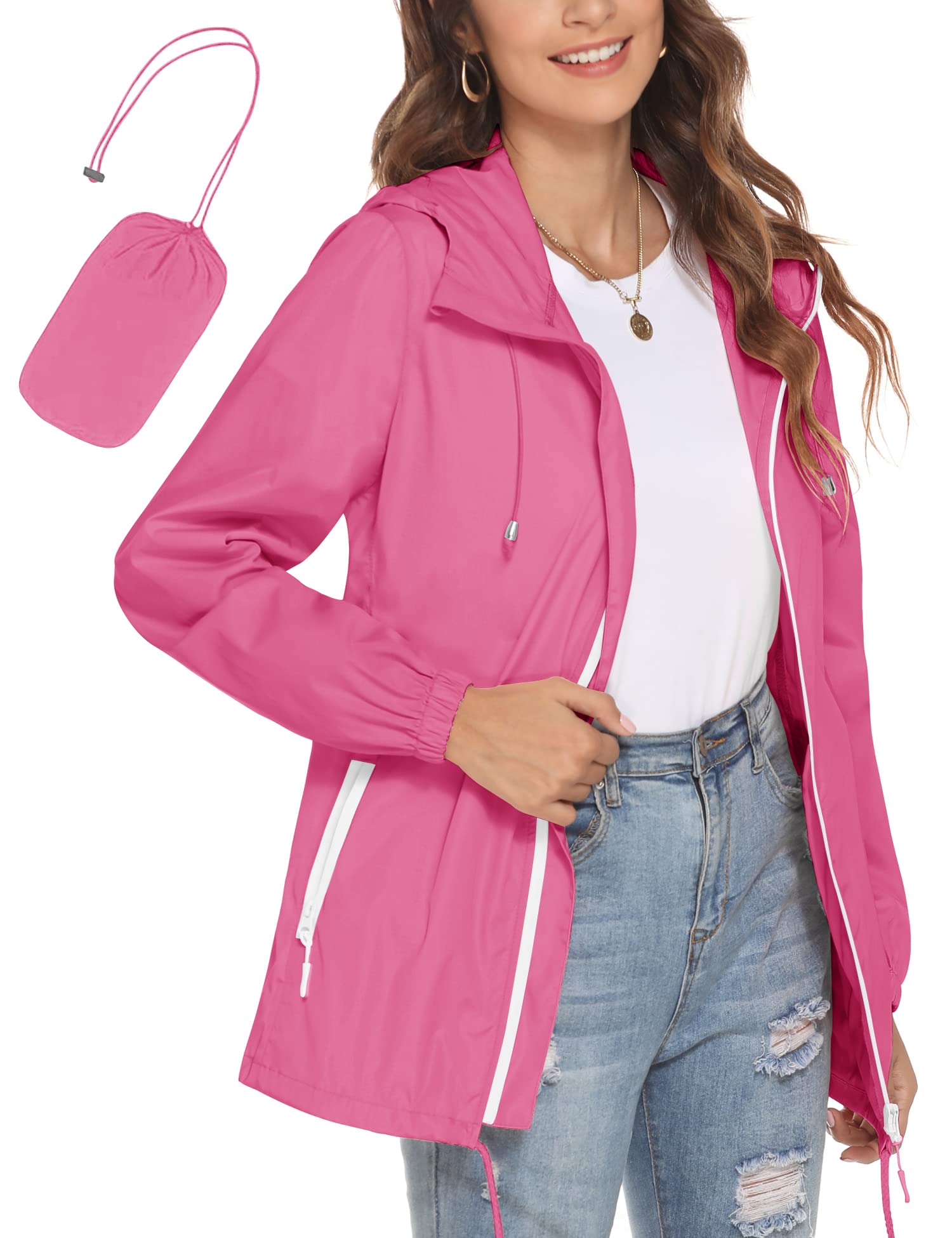 Womens Waterproof Raincoat Lightweight Breathable Rain Jacket Hooded Rain Coat Outdoor Active Windbreaker with Pocket