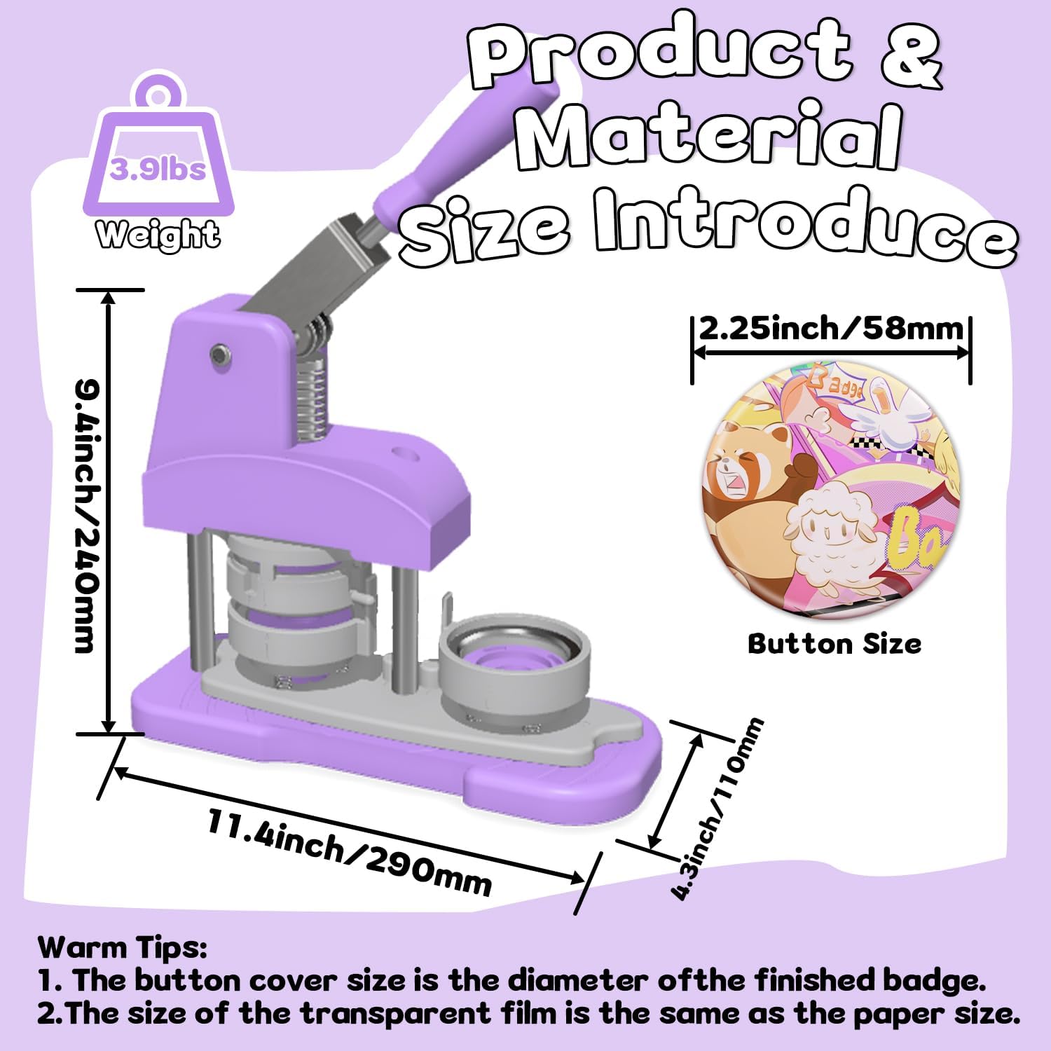 Button Maker Machine 58mm (2.25 inch), DIY Button Pin Maker Machine Comes with Free Button Parts, Circle Cutter, Cutting Board, Pattern Paper, Holographic Bags, Colored Film, and Protective Case