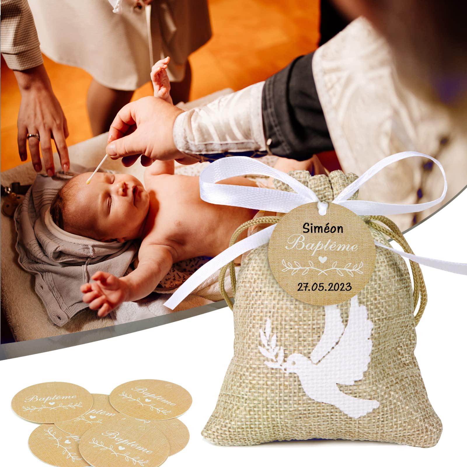 20Pcs Sachet Jute 20Pcs Etiquette Baptême Pochette Dragée Motif Colombe Cadeau Invité Décoration pour Baptême avec Ruban