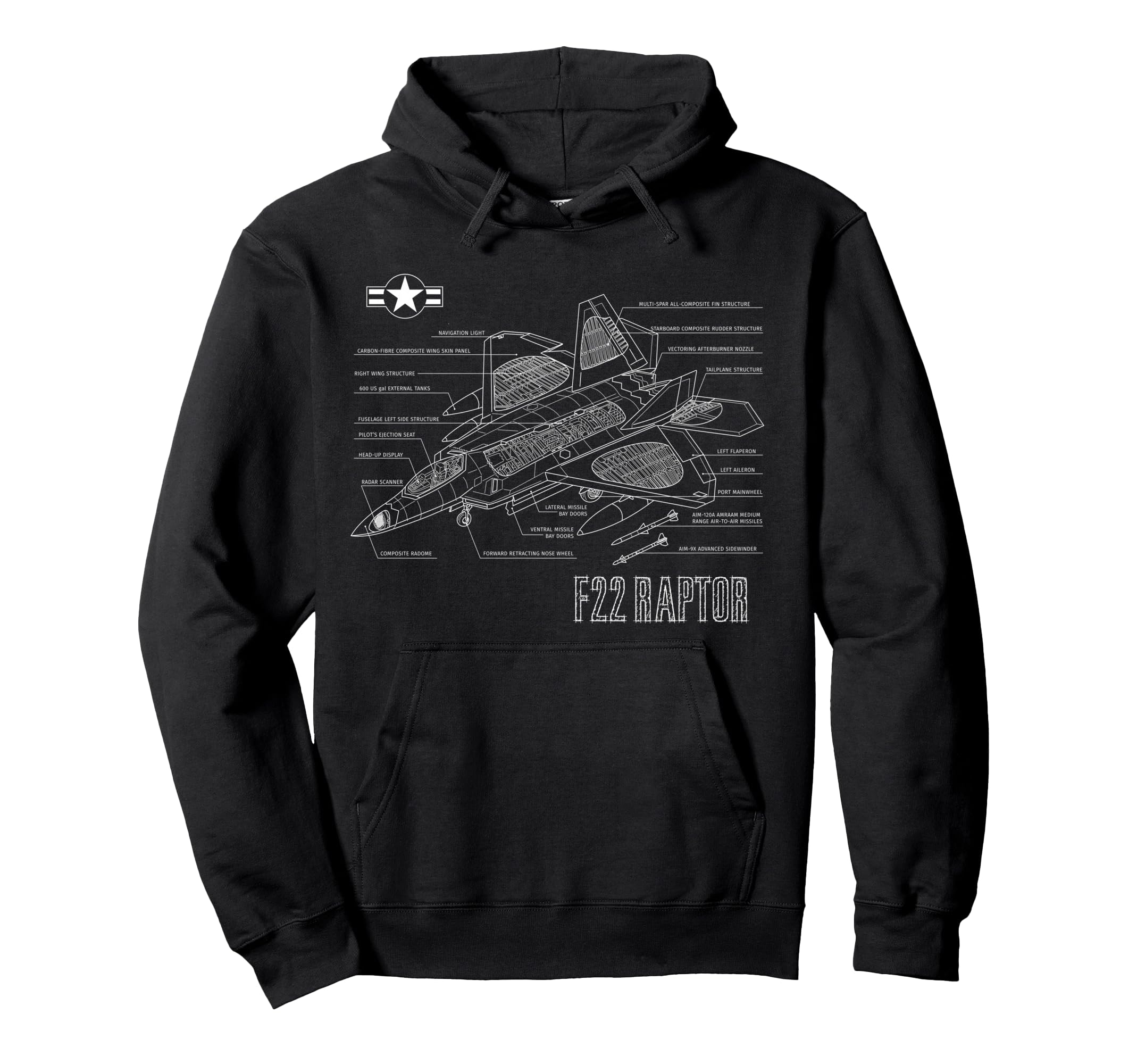 American Aircraft Stealth Fighter F22 Raptor Blueprint Pullover Hoodie