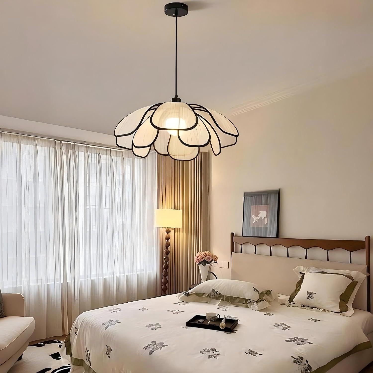 LIGHTLAND Cloth Flower Pendant Light, Wabi-sabi Style Hanging Light with Adjust Hanging Wire, Modern Pendant Lamp Chandelier for Living Room, Dining Room, Bedroom (19.7 Inch)