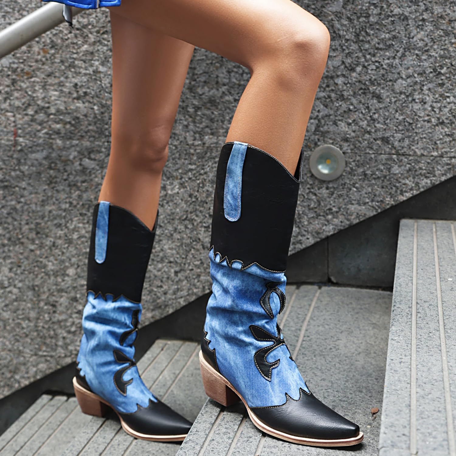 Cozivwaiy Women Denim Cowboy Boots Patchwork Knee High Boots Colorblock Western Cowgirl Mid Calf Jeans Shoes Pointed Toe Chunky Heel Pull On - Image 9