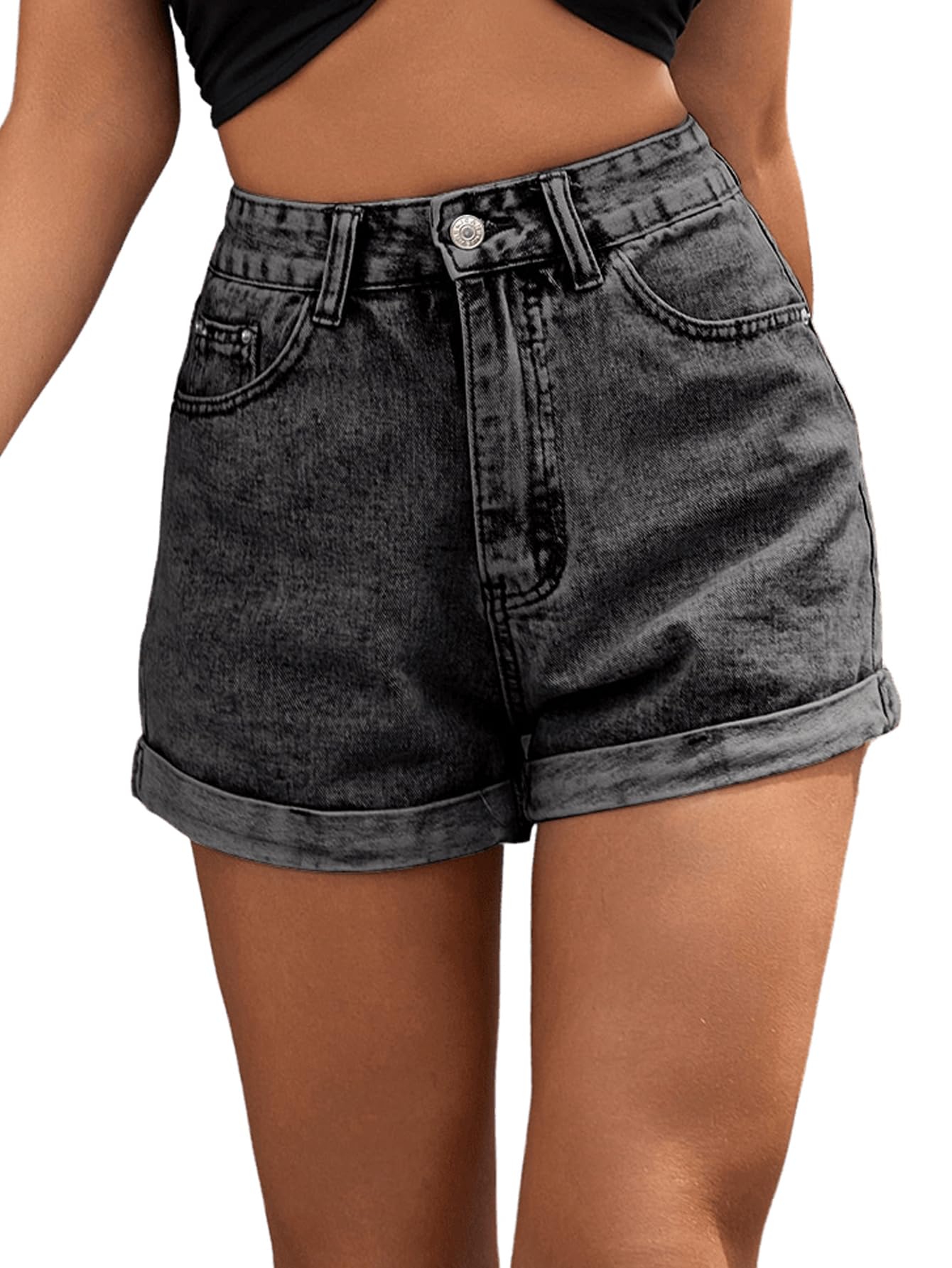 SweatyRocks Women's High Rise Roll Up Hem Straight Leg Denim Jean Shorts with Pocket