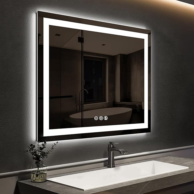 ROOMTEC 36 x 36 Inches LED Bathroom Mirror with Front and Backlit,Anti-Fog,3 Colors and Dimmable Light(Horizontal/Vertical), Silver