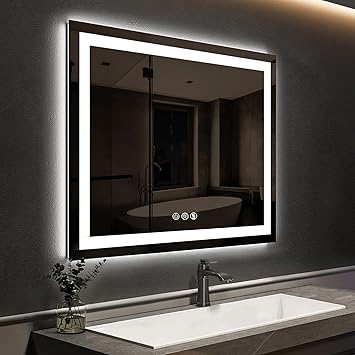 ROOMTEC 36 x 36 Inches LED Bathroom Mirror with Front and Backlit,Anti-Fog,3 Colors and Dimmable Light(Horizontal/Vertical), Silver
