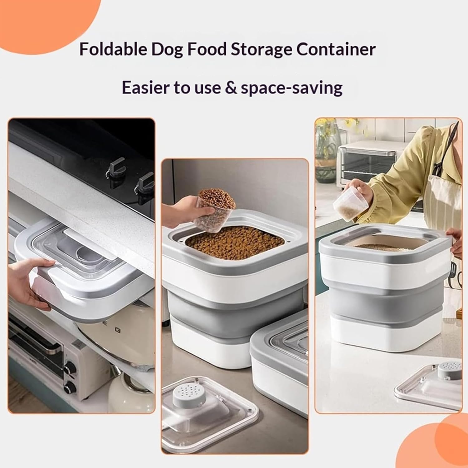 Space Efficient Foldable Rice Storage Includes Scoops for Portions Sealed Against Sturdy Materials Space Saving Container