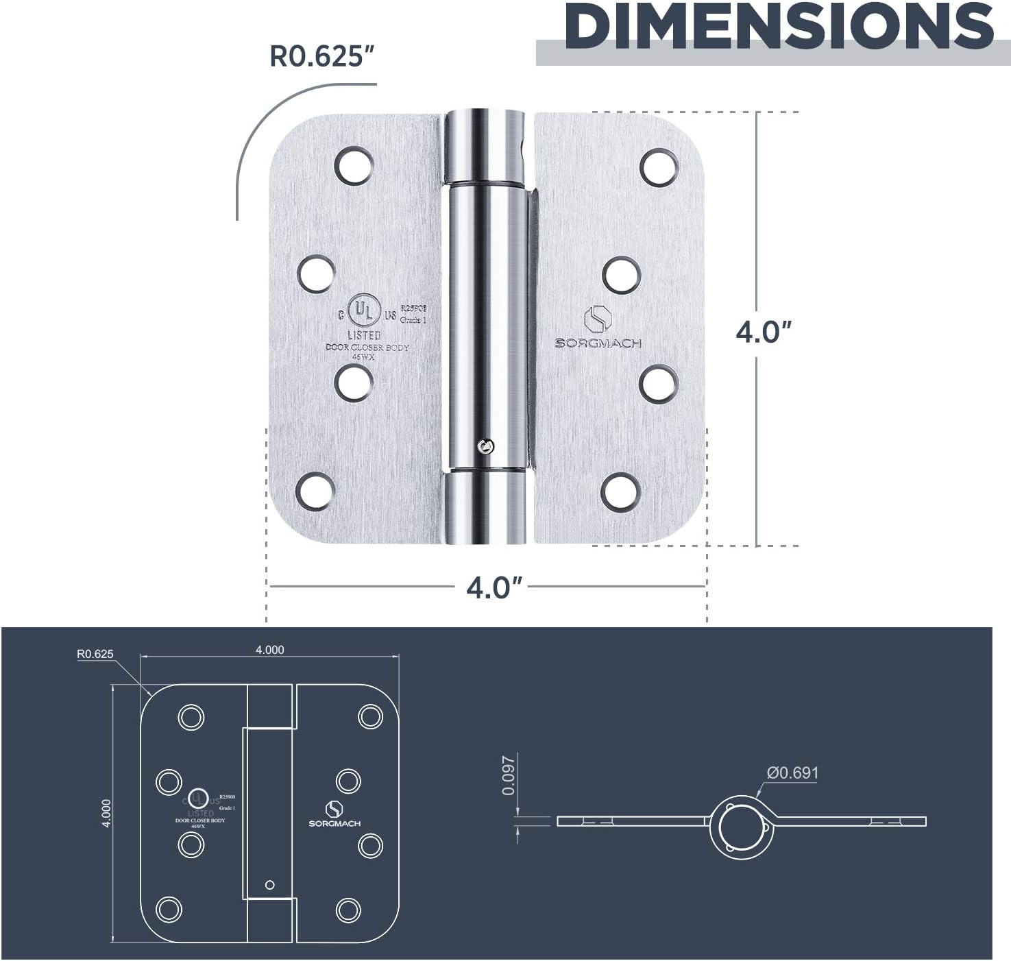 Satin Door Hinges Self Closing Hinge Auto Close Hinge Outlet Hardware Adjustable Spring Loaded Hinges 5/8" Radius Corner for Commercial Grade Self-Closing, UL Listed 3 Pack image 4