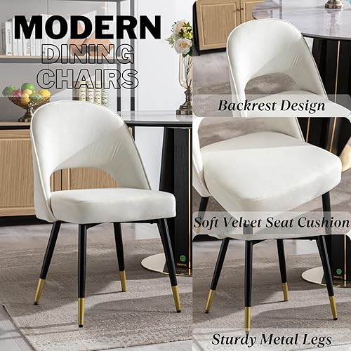 Miniatura 3 de HEAH-YO Juego de 2 sillas de comedor modernas, sillas laterales tapizadas de terciopelo marfil sin brazos con respaldo abierto y patas de metal,