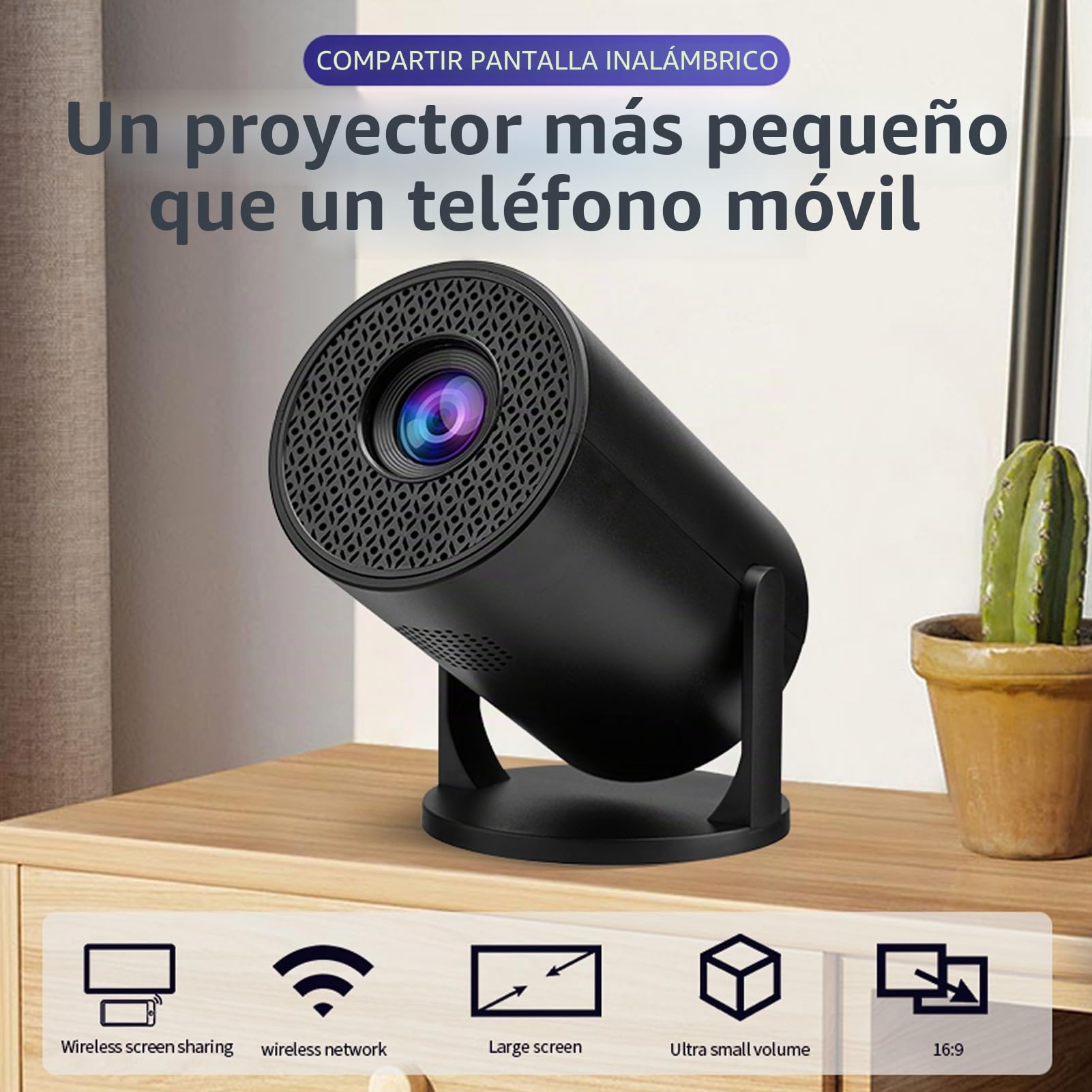 XUMIUZIY Mini Proyector Portátil Full HD 1080P Negro con Fidelidad Sin Cables y Bluetooth, Giratorio de 270°, Proyector de Cine en Casa Pequeño con Pantalla de 150''