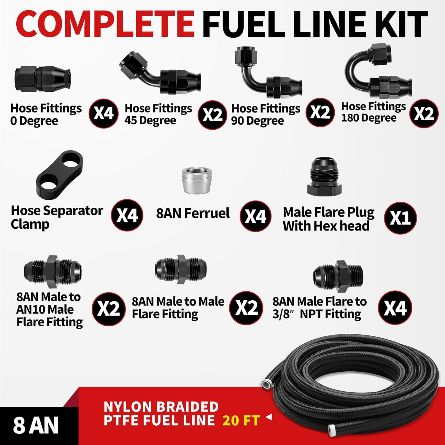 8AN PTFE Fuel Line Kit Nylon Braided PTFE Fuel Hose 20FT With AN8 Hose End Fitting For LS Swap EFI Fuel System