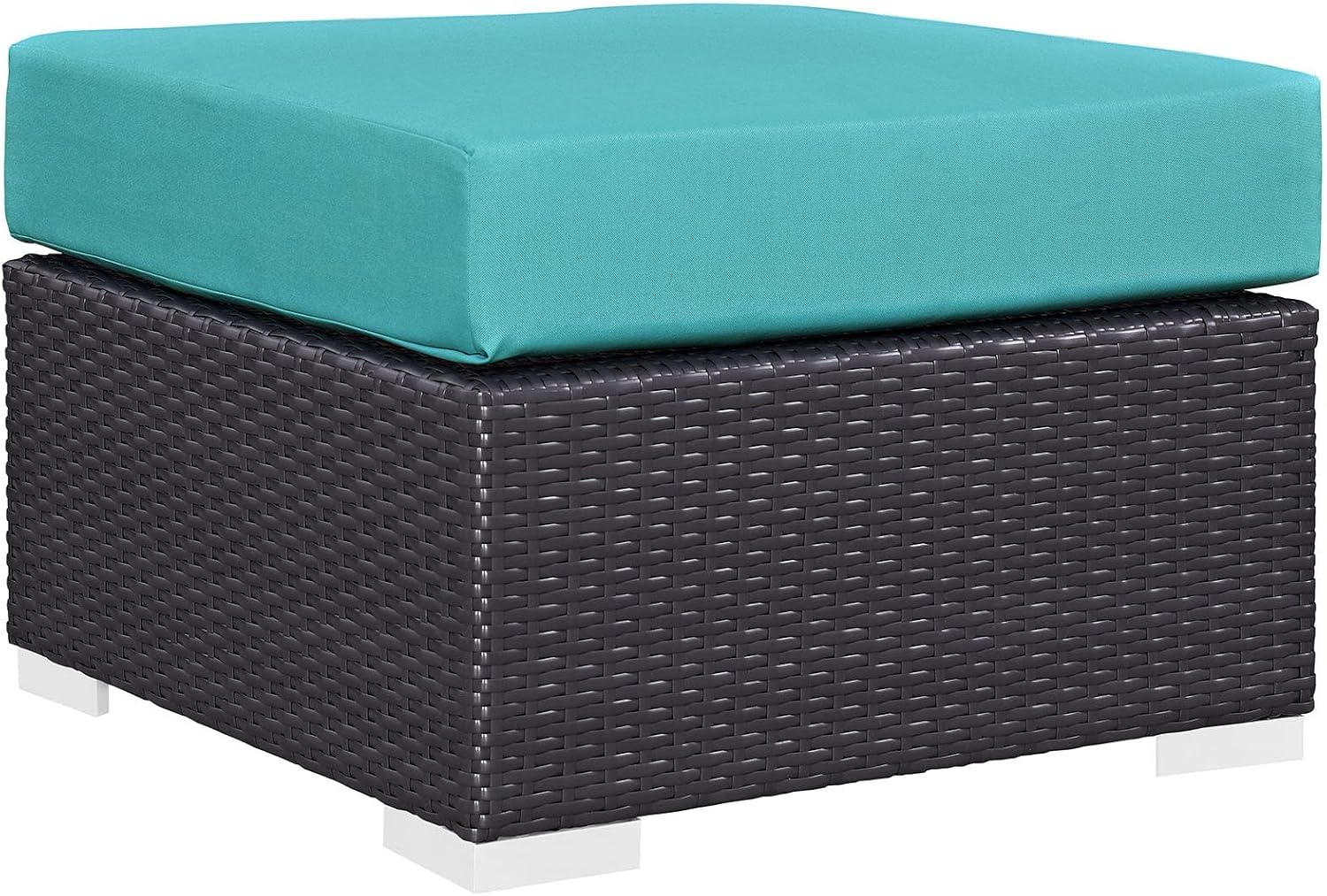 BOWERY HILL Square Patio Ottoman, 25 x 25 in, Synthetic Rattan Wicker, Espresso/Turquoise Finish, All-Weather Fabric Cushions, UV-Resistant, Outdoor Furniture