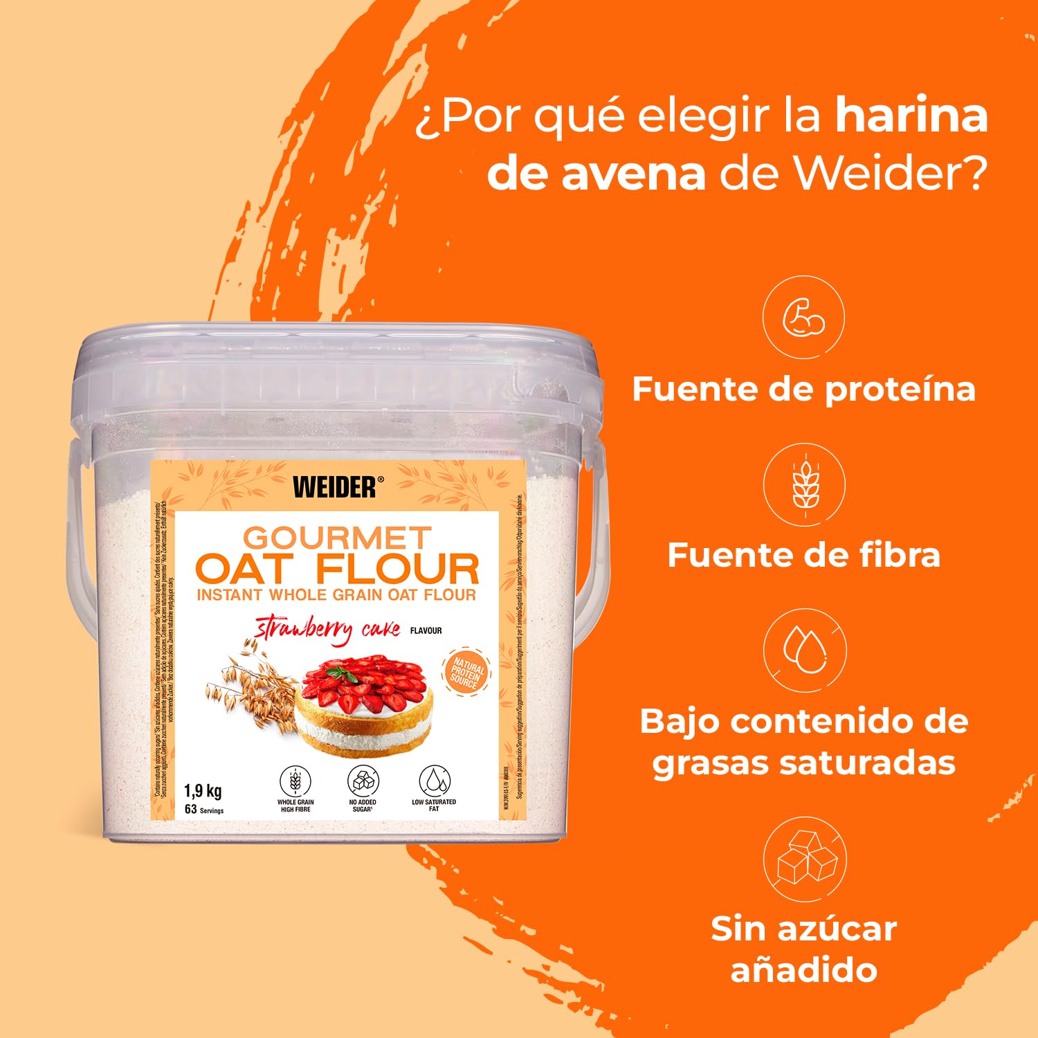 Weider Oat Gourmet Harina de Avena Integral, Proteína Bajo Azúcares, Sabor Tarta de Fresa, 1.9 kg, Pack de 4