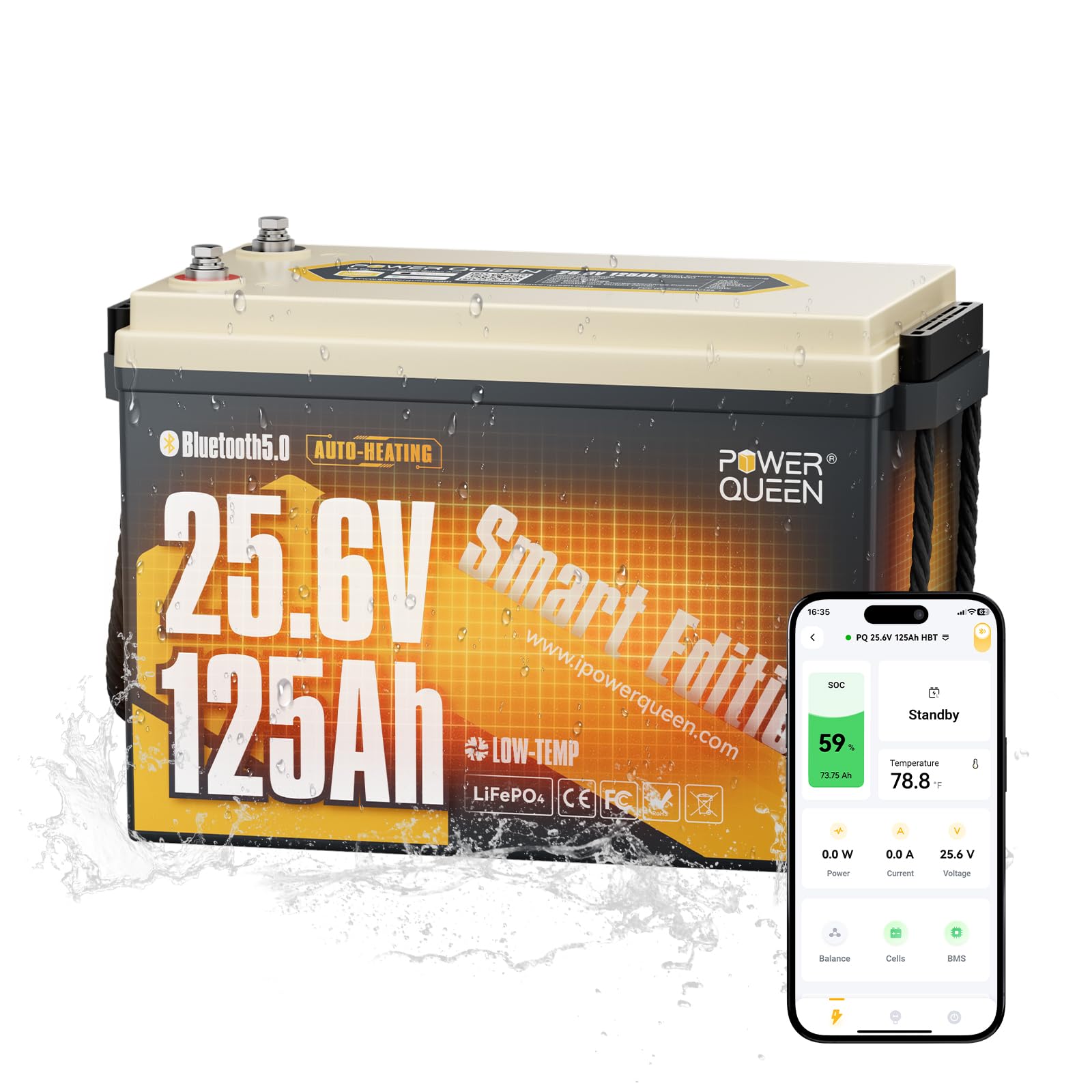 Power Queen 25.6V 125Ah Batterie Lithium Bluetooth Auto-Chauffage, BMS 125A 3200Wh Énergie Batterie LiFePO4, IP67 Étanche 15000+ Cycles Profonds, pour Camping-Car, Caravane, Moteur Électrique Bateau